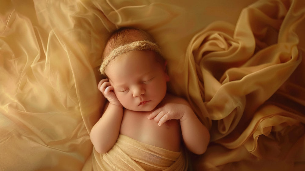 Close-up of a newborn in a cozy photoshoot