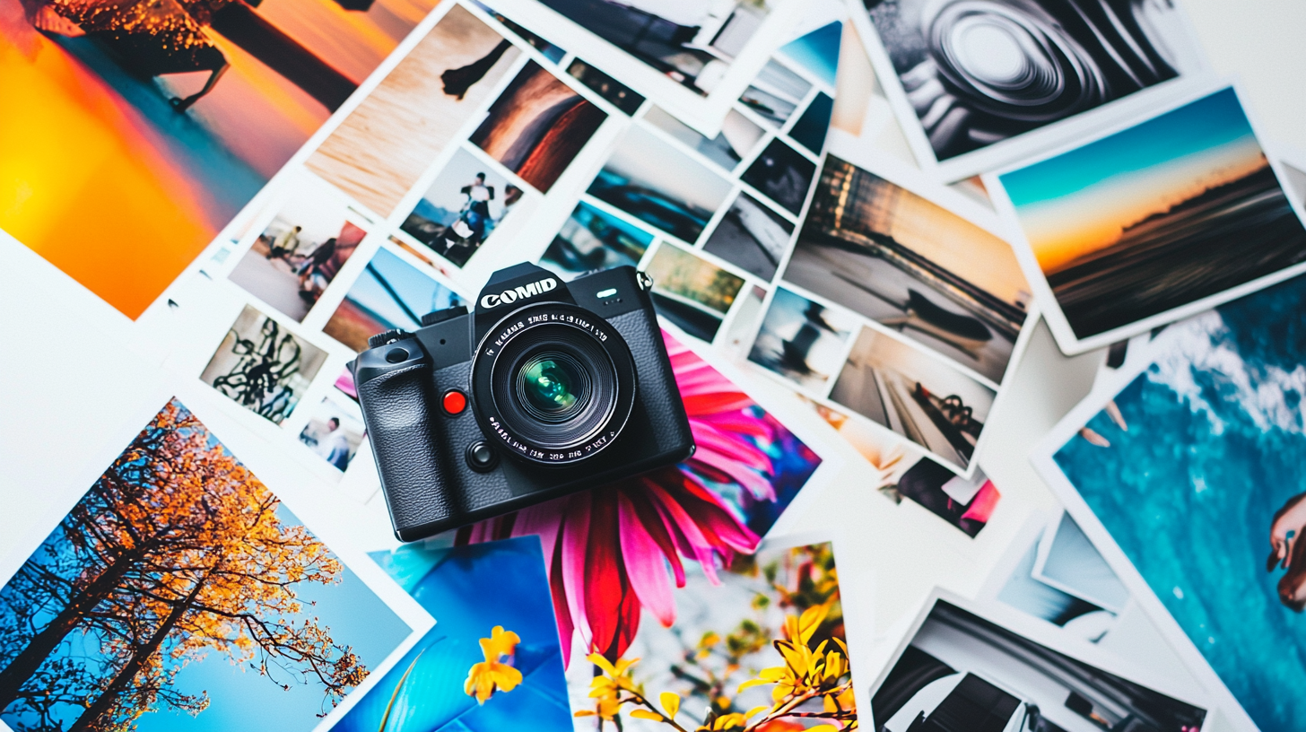An image of stock images on a table of a photographers desk