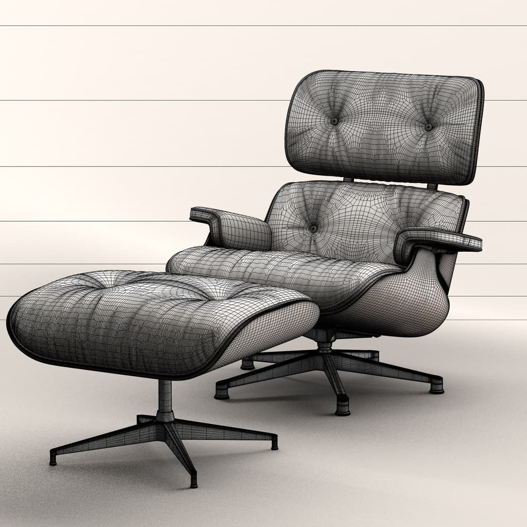 This 3D model was inspired by Charles and Ray Eames Chair built for Herman Miller furniture company in 1956. It's luxurious materials and timeless appeal make it a high-class addition to any digital library. wire frame render octane redshift cinema 4d 3d model iconic chairs.