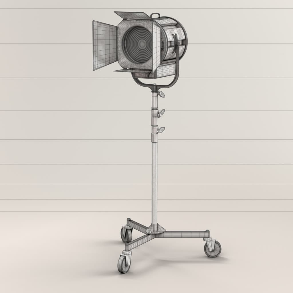 Mole Richardson Rolling Spotlight 3D Model is the perfect tool for giving your classic studio portraits that cinematic touch. This spotlight has been aged by our CGI artists to look like it’s been on movie sets or theatre productions for years wire frame render cinema 4d 3d model.
