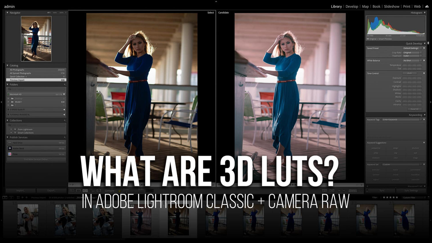 a before and after photo of a 3D LUT being used with a model underexposed