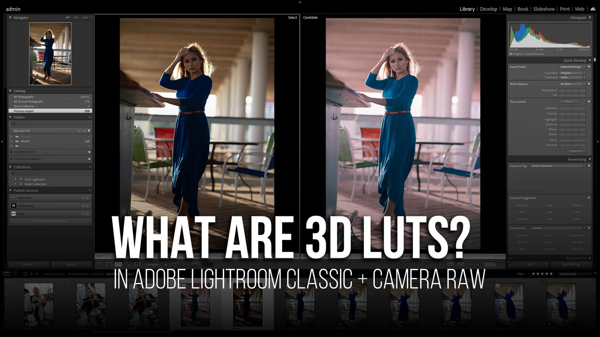 a before and after photo of a 3D LUT being used with a model underexposed